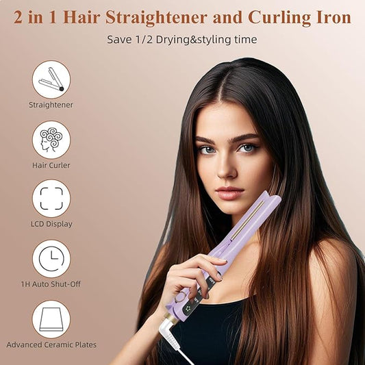 Small Flat Iron, 1/2 Inch Flat Iron for Short Hair Straightener and Curler 2 in 1, Ceramic Ionic Floating Plates for Less Frizz, 10s Quick Heat Up, Straightener for All Hair Types(Purple)