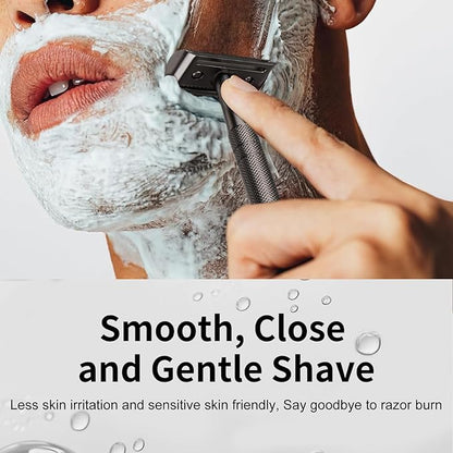 Black Safety Razor, Single Blade Razors for Men, with 10 Double Edge Blades, Long and Heavy Duty Stainless Steel Handle, Reusable Metal Eco-Friendly Razor, Plastic Free, Smooth Shave