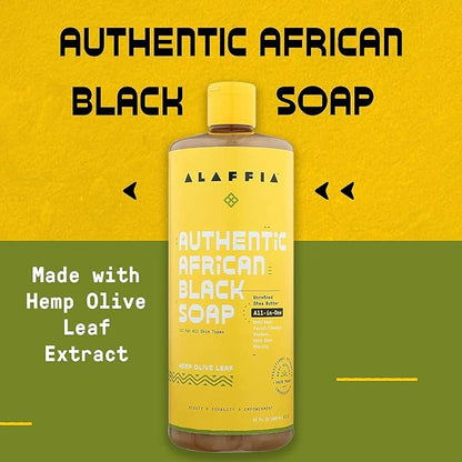 Alaffia Authentic African Black Soap, Hemp Olive Leaf – All-in-One Moisturizing Cleanser for Face, Hands, Body & Hair, 32 Oz
