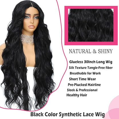 Synthetic Lace Front Wig 30Inch Long Wavy Natural Balck Pre Plucked Ready to Wear 4x1 Glueless Body Wave Wig for Black Women Heat Resistant Fiber Synthetic Hair