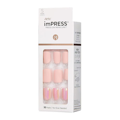 KISS imPRESS No Glue Mani Press On Nails, Design, 'Keep in Touch', Pink, Short Size, Squoval Shape, Includes 30 Nails, Prep Pad, Instructions Sheet, 1 Manicure Stick, 1 Mini File