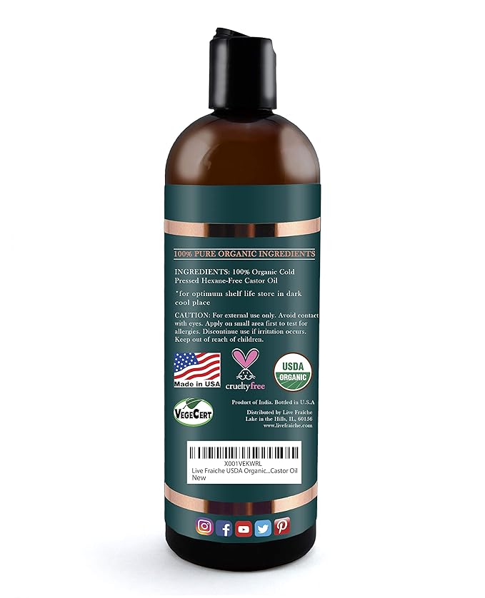 Live Fraiche Organic Castor Oil (16oz) + Filled Mascara Tube - 100% Pure Hexane Free Cold Pressed Castor Oil for Skin and Face - Hair Growth Oil for Eyelashes and Eyebrows Scalp & Hair Treatment Oil