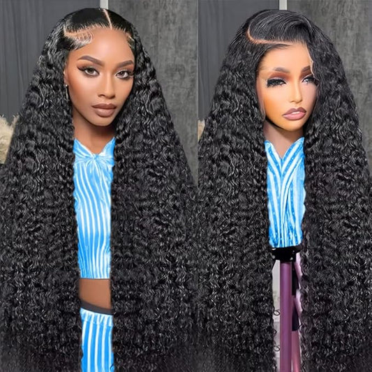 CHEETAHBEAUTY Deep Wave Lace Front Wigs Human Hair Brazilian 10A Grade 13X6 HD Transparent Lace Front Human Hair Wigs for Black Women Pre Plucked with Baby Hair Natural Black 250% Density(34inch)