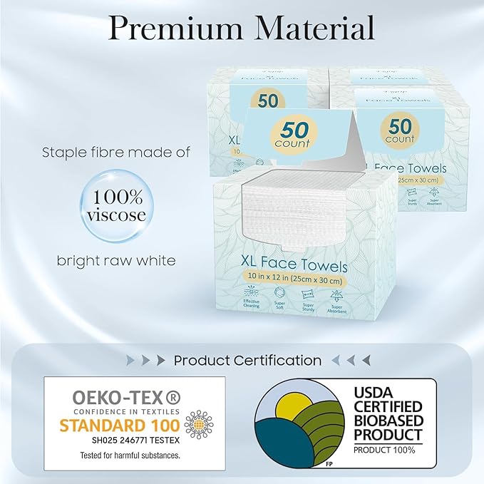 200 Count (4 Box) XL Disposable Face Towels 10” x 12”, 100% Viscose Fibre, Soft & Skin Friendly Face Towelettes Disposable, Facial Tissue Wipes for Women Cleansing
