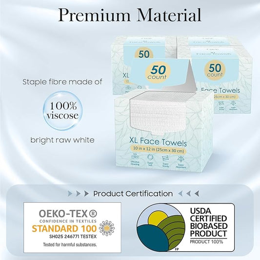 200 Count (4 Box) XL Disposable Face Towels 10” x 12”, 100% Viscose Fibre, Soft & Skin Friendly Face Towelettes Disposable, Facial Tissue Wipes for Women Cleansing