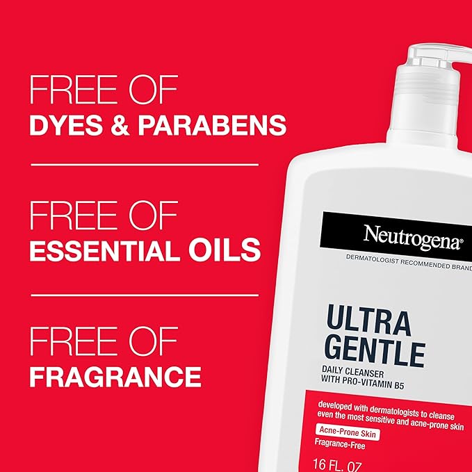 Neutrogena Ultra Gentle Daily Facial Cleanser with Pro-Vitamin B5 for Acne-Prone & Sensitive Skin, Fragrance-Free, Dye-Free, Soap-Free, Paraben-Free & Hypoallergenic Face Wash, 16 fl. oz
