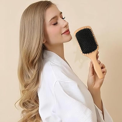 Boar Bristle Hair Brush and Comb Set for Women Men Kids, Best Natural Wooden Paddle Hairbrush and Small Travel Styling Brush for Wet or Dry Hair Detangling Smoothing Massaging(black)