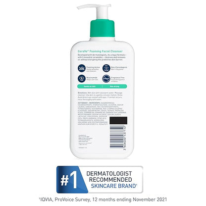 CeraVe Foaming Facial Cleanser, Daily Face Wash for Oily Skin, Hyaluronic Acid + Ceramides + Niacinamide, Fragrance Free & Paraben Free, Non-Drying Oil Control Face Wash, 8 Fluid Ounces