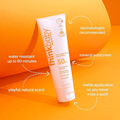 Thinkbaby SPF 50+ Baby Mineral Sunscreen – Safe, Natural Sunblock for Babies - Water Resistant Sun Cream – Broad Spectrum UVA/UVB Sun Protection – Vegan Baby Sunscreen Lotion, 3 Oz.