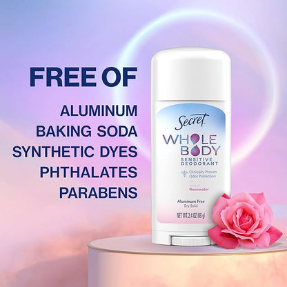 Secret Whole Body Deodorant Stick for Women, Rosewater Scent, Aluminum Free Deodorant Stick, 72 HR Odor Protection, 2.4 oz