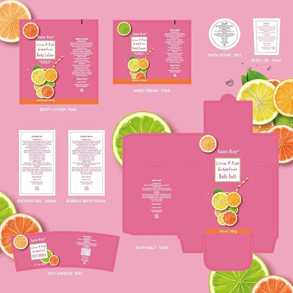 Bath & Body Gift Set, Luxury Home Spa Bath Gift Basket Citrus & Pink Grapefruit Spa Kit Gift Woman, 11 Pcs Self Care Kit Gifts With Bubble Bath, Massage Oil, Bath Brush, Birthday Gifts for Women