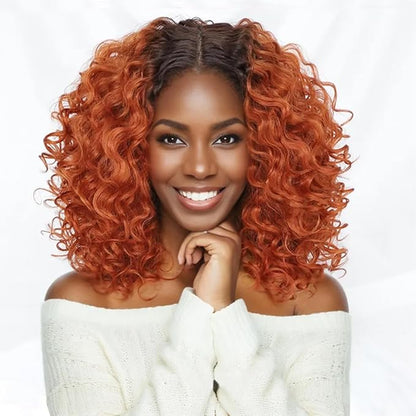 Felek 16inch Curly Lace Front Wigs Ginger Orange with Dark Roots Middle Part Jerry Curl Wig T Lace Front Curly Synthetic Glueless Pre-Plucked Deep Curly Wigs For Black Women (T4-350)