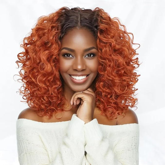 Felek 16inch Curly Lace Front Wigs Ginger Orange with Dark Roots Middle Part Jerry Curl Wig T Lace Front Curly Synthetic Glueless Pre-Plucked Deep Curly Wigs For Black Women (T4-350)