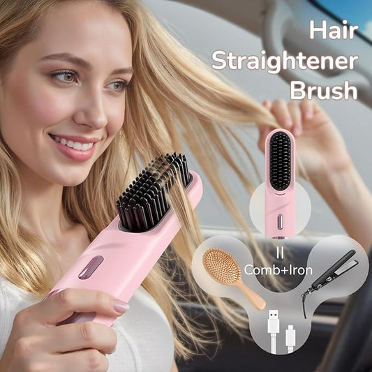 Cordless Hair Straightener Brush 300 Million Negative Ionic Portable Hair Straightener Comb for Women with 4 Temps Fast Heating MCH Ceramic Coating Smooth Frizz - Free Hair Pink