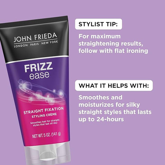 John Frieda Frizz Ease Straight Fixation Styling Crème, Straightens Frizzy Hair with Milk Protein & Almond Oil, Sleek, Shiny, Frizz-Free, ThermaGuard Heat Protection Against Damage, 5 Oz, Pack of 2