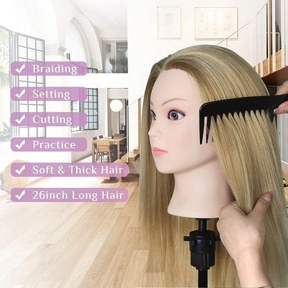 Neverland Beauty Mannequin Head with Hair and Wig Stand Tripod Set, 26 Inch Ombre Golden Mannequin Head with Stand Hair Braiding Cosmetology Manikin Head with Tripod For Braiding Styling