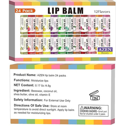 AZEN 24 Pack Lip Balm, Natural Lip Balm Bulk, Moisturizing Lip Balms for dry cracked lips