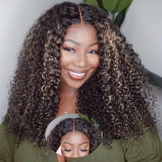 Beauty Forever 7X5 Bye Bye Knots Pre Cut Lace Balayage Black Blonde Highlights Jerry Curly Put on Go Glueless Lace Front Wig,Invisible Knots Human Hair Wigs Pre Plucked Hairline 150% Density 16 Inch