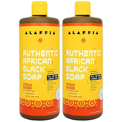 Alaffia Skin Care, Authentic African Black Soap, All in One Liquid Soap, Acne Face Wash, Moisturizing Body Wash, Shampoo, Shaving Soap, Shea Butter, Citrus Ginger, (2 Pack - 32 Fl Oz Ea)