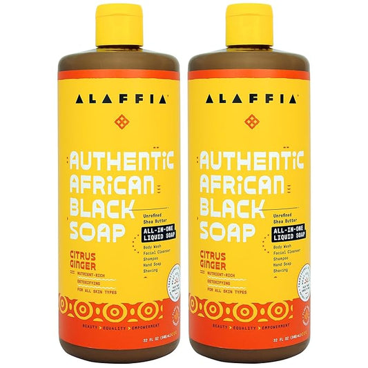 Alaffia Skin Care, Authentic African Black Soap, All in One Liquid Soap, Acne Face Wash, Moisturizing Body Wash, Shampoo, Shaving Soap, Shea Butter, Citrus Ginger, (2 Pack - 32 Fl Oz Ea)
