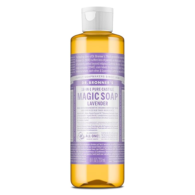 Dr. Bronner’s Pure-Castile Magic Liquid Soap (Lavender, 8 Ounce)- Made with Organic Oils, 18-in1 Uses: Face, Hair, Hand & Body Soap, Laundry, Pets- Concentrated, Vegan, Non-GMO