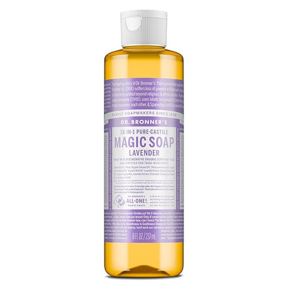 Dr. Bronner’s Pure-Castile Magic Liquid Soap (Lavender, 8 Ounce)- Made with Organic Oils, 18-in1 Uses: Face, Hair, Hand & Body Soap, Laundry, Pets- Concentrated, Vegan, Non-GMO