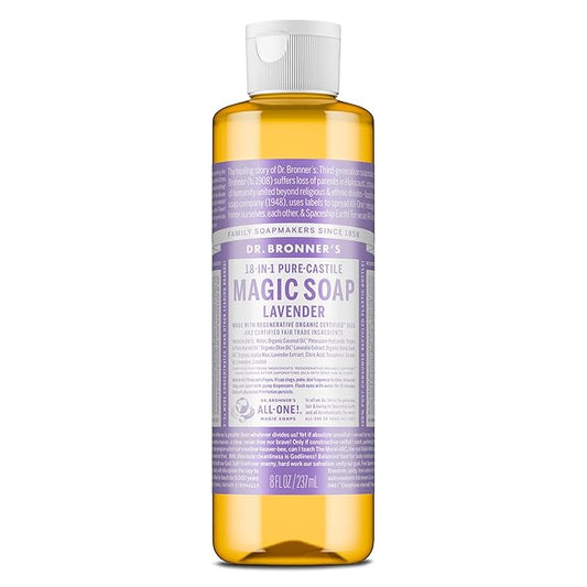 Dr. Bronner’s Pure-Castile Magic Liquid Soap (Lavender, 8 Ounce)- Made with Organic Oils, 18-in1 Uses: Face, Hair, Hand & Body Soap, Laundry, Pets- Concentrated, Vegan, Non-GMO