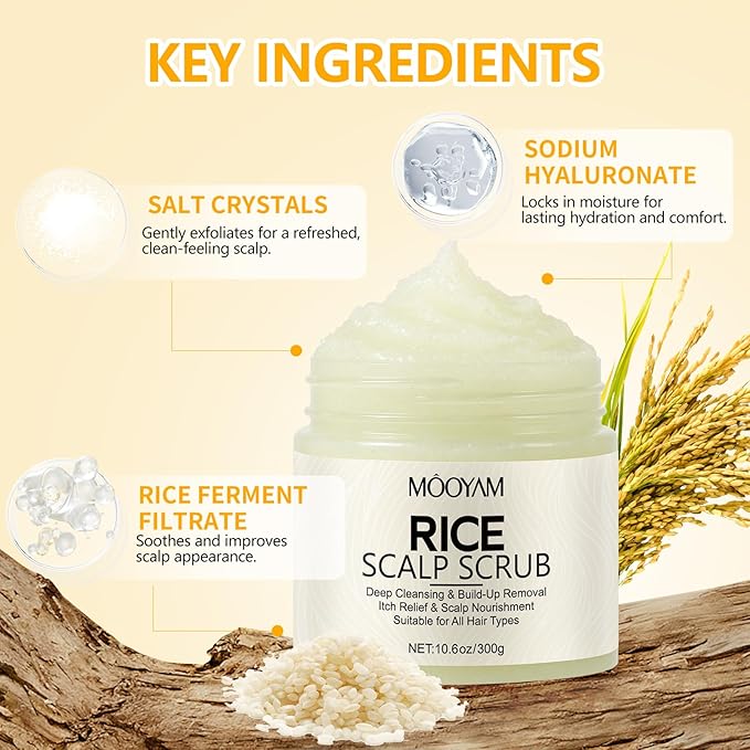 Scalp Scrub with Rice Extract & Hyaluronic Acid, 2-in-1 Exfoliating Shampoo for Hair Treatment, Includes Silicone Scalp Massager, Removes Buildup & Dandruff, 10.6oz