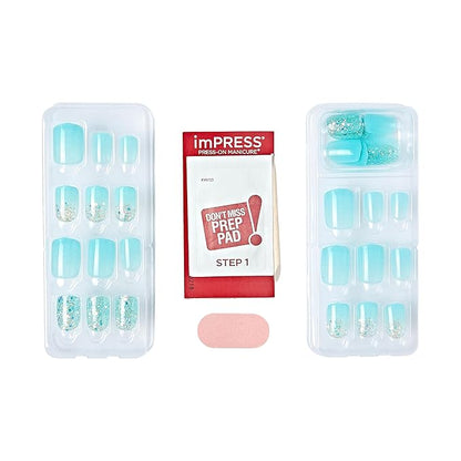 KISS imPRESS No Glue Mani Press-On Nails, Mini, 'Eternity', Medium Blue, Short Size, Squoval Shape, Includes 30 Nails, Prep Pad, Instructions Sheet, 1 Manicure Stick, 1 Mini File