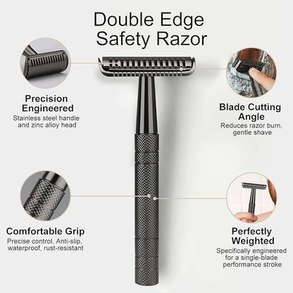 Black Safety Razor, Single Blade Razors for Men, with 10 Double Edge Blades, Long and Heavy Duty Stainless Steel Handle, Reusable Metal Eco-Friendly Razor, Plastic Free, Smooth Shave