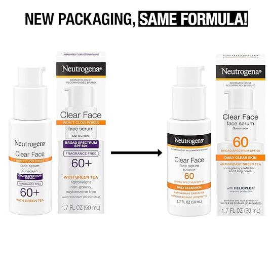 Neutrogena Clear Face Serum Sunscreen with Green Tea, Broad Spectrum SPF 60, Non-Comedogenic Face Sunscreen for Lightweight UVA/UVB Protection, Oxybenzone- & Fragrance-Free, 1.7 fl. oz