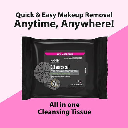Epielle Charcoal Makeup Remover Wipes | For All Skin Types | Daily Facial Towelettes | Removes Dirt, Oil, Waterproof Makeup | Pack of 2 | Korean Skincare