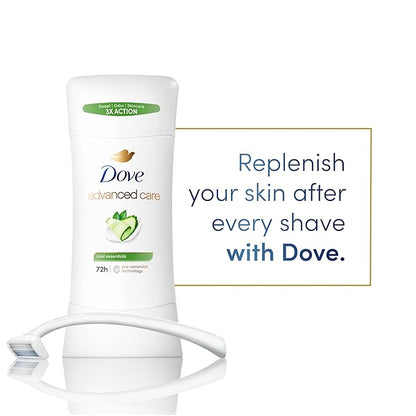 Dove Advanced Care Anti Deo Stick Cool Essentials Pack of 12 for helping your skin barrier repair after shaving 72 h odor control and all-day sweat protection with Pro Ceramide Technology 2.6 oz
