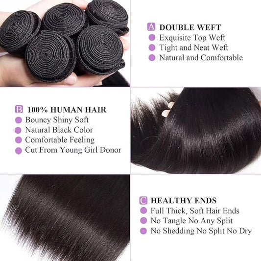 10A Straight Bundles with Frontal 18 20 22 with 16 Inch Human Hair Bundles with Closure 100% Unprocessed Brazilian Virgin Human Hair Weave 3 Bundles with Frontal HD Lace