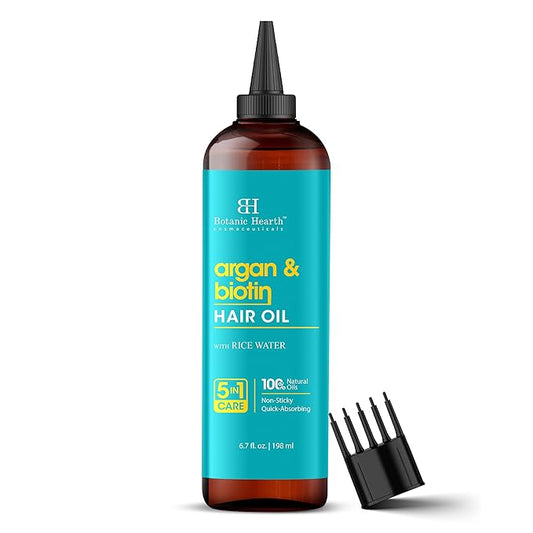 Botanic Hearth Argan & Biotin Hair Oil (6.7 fl oz) | Tames Frizz & Adds Shine | After Wash Lightweight Hair Oil | Repairs Dry, Damaged Hair | For All Hair Types | No Parabens