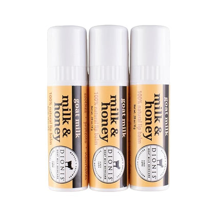 Dionis Goat Milk Skincare Milk & Honey Holiday Lip Balm Gift Set - Beeswax, Shea Butter & Coconut Oil Lip Care Products Made in The USA - Cruelty Free Lip Moisturizer for Chapped Lips, 0.28oz 3 Pack