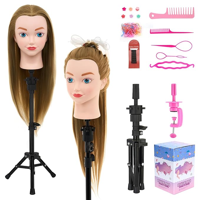 Neverland Beauty Mannequin Head with Hair with Tripod Stand, 20 Inch Cosmetology Manikin Practice Braiding Doll Head for Hair Styling, Training Head for Braiding Hairdressing for Kids