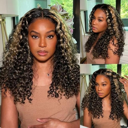 Beauty Forever 7X5 Bye Bye Knots Pre Cut Lace Balayage Black Blonde Highlights Jerry Curly Put on Go Glueless Lace Front Wig,Invisible Knots Human Hair Wigs Pre Plucked Hairline 150% Density 16 Inch