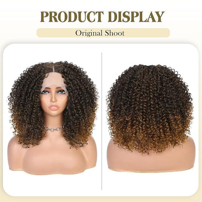 quickwig Curly Lace Front Wigs Short Kinky Curly Wig 13×4×1 HD Glueless Lace Curly Wig Ombre Brown Synthetic Lace Wigs for Women Deep Wave Hair (2/30)