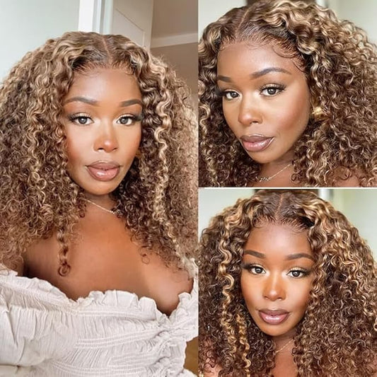 Beauty Forever Pre Everything Highlight Curly 13x4 Lace Front Wig Glueless Put on and Go Wig Human Hair, Pre Plucked Honey Blonde Pre Cut Lace Wig Pre Bleached Knots for Beginner 150% Density 22inch