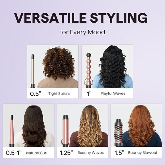 Wavytalk 5 in 1 Curling Wand Set, Multi Curl, Curling Wand Set with Curling Brush and 4 Interchangeable Ceramic Curling Wand(0.5”-1.25”), Instant Heat Up Wand Curling Iron (Rose Gold)