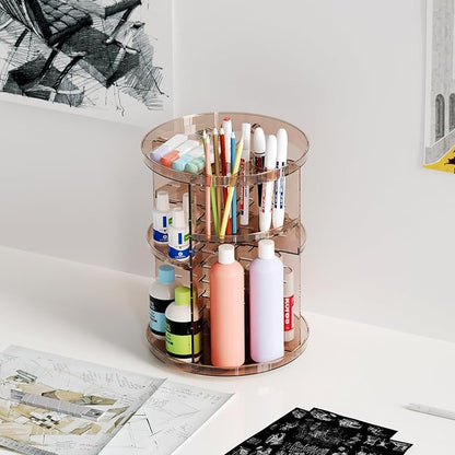 Rotating Makeup Organizer Countertop, DIY Adjustable Trays Spinning Skincare Organizers, Cosmetic Display Shelf with Perfume & Brush Holder, Multi-Function Desk Storage Carousel for Vanity Bathroom