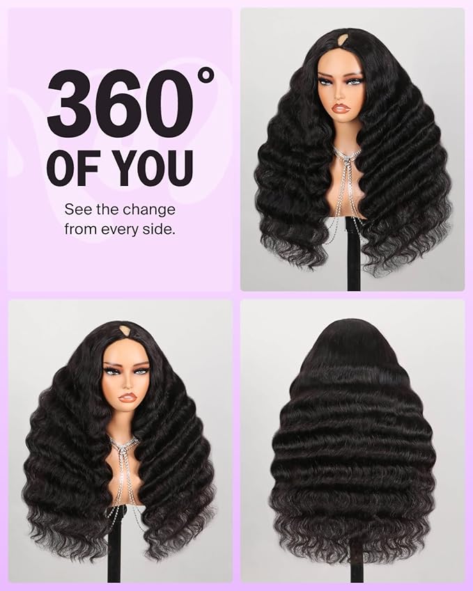 12A Glueless V Part Wig Human Hair 200% Density Loose Deep Curly Wig Human Hair Half Wig U Part Wig No Sew In No Glue Beginner Friendly 18 Inch