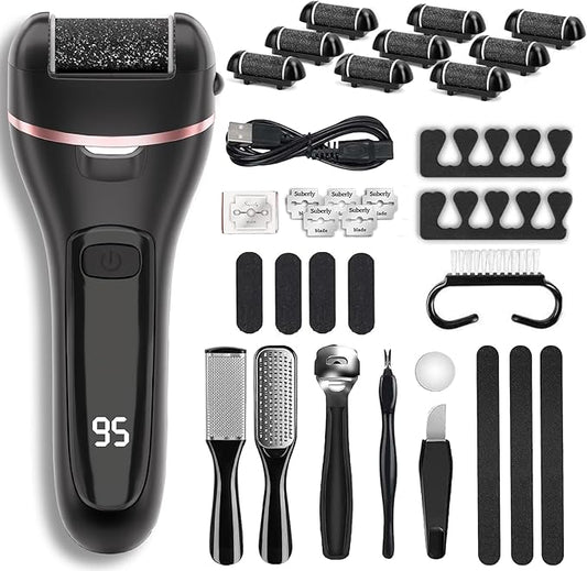 Electric Callus Remover for Feet with 9 Roller Heads 2 Speed Rechargeable Waterproof Professional Pedicure Kit 30 in 1 Foot File Tools Perfect for Dead Hard Cracked Dry Skin