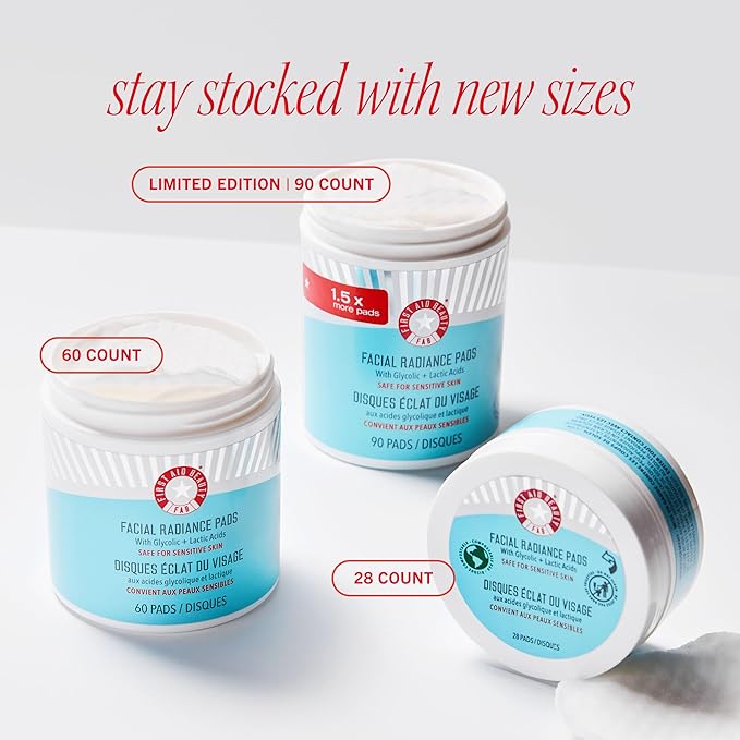 First Aid Beauty - Facial Radiance Pads with Glycolic & Lactic Acids, Daily Exfoliating Pads with AHA that Help Tone & Brighten Skin, Makeup Prep Pads, Compostable for Daily Use, 90 Pads