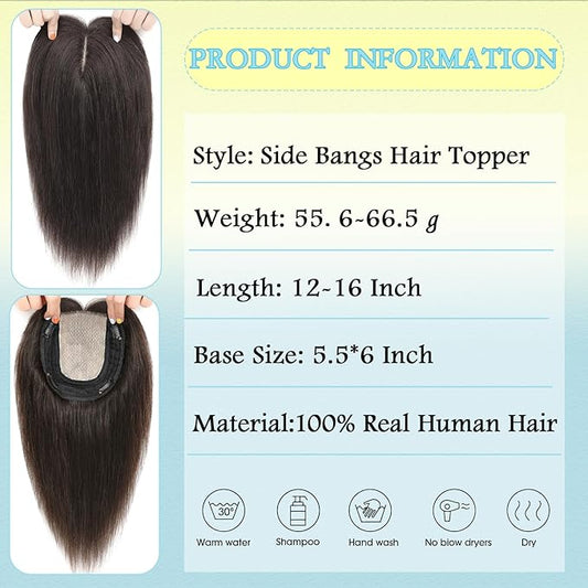 Hair Toppers for Women Real Human Hair, 360° 3D Toppers Pieces for Women with Thinning Crown Side Bangs 12 Inch Upgrade Big Basement (Dark Brown, 12 Inch Side Bangs)