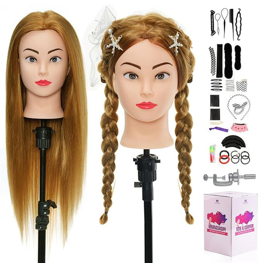 Neverland Beauty Mannequin Head with 60% Real Human Hair, 26 Inch Cosmetology Mannequin Doll Head for Hair Styling, Training Practice Braiding Manikin Head with Clamp and Hair Styling Braid Set