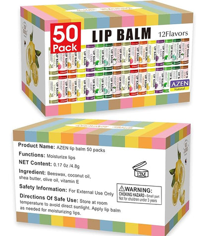 AZEN 50 Pack Lip Balm, Natural Lip Balm Bulk, Lip Care Product, Moisturizing Lip Balms for dry cracked lips - 12 Flavors