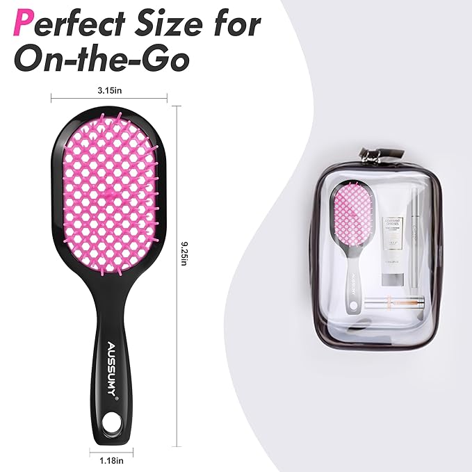 Vented Detangling Hair Brush - 2 Pack Detangler Hairbrush for Effortless Tangle Removal - Ultra-Soft Bristles -For Natural Curly Straight Wet Dry Damaged Hair for Women Men Kids - Black & Pink