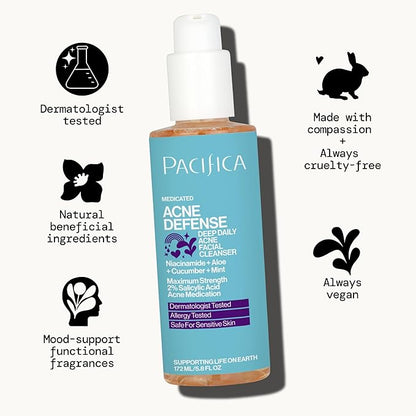 Pacifica Acne Defense Face Wash - Deep Pore Purifying Face Cleanser - w/ 2% Salicylic Acid, Pore Reducing Niacinamide & Inflammation Reducing Cucumber - for Sensitive Skin Vegan Dermatologist Tested